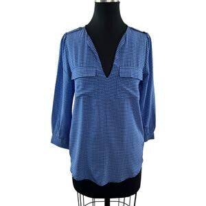 JOIE Marlo Silk Blouse Long Sleeve Blue White Heart Print Top Pockets Size XS